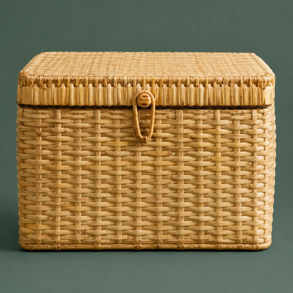 Lidded Box 300, piece ON-E-01, woven in Rattan, photographed as it is.