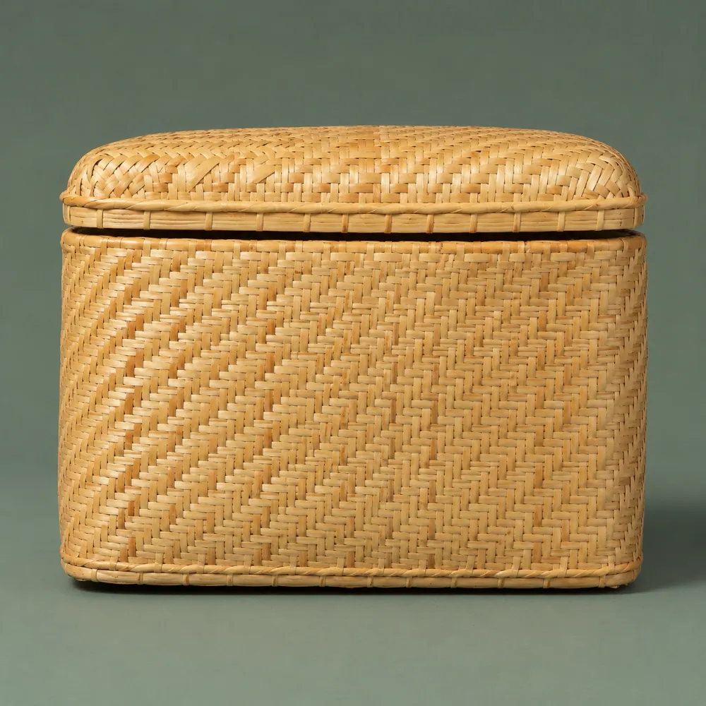 Lidded Box 300, piece ON-E-02, woven in Rattan, photographed as it is.