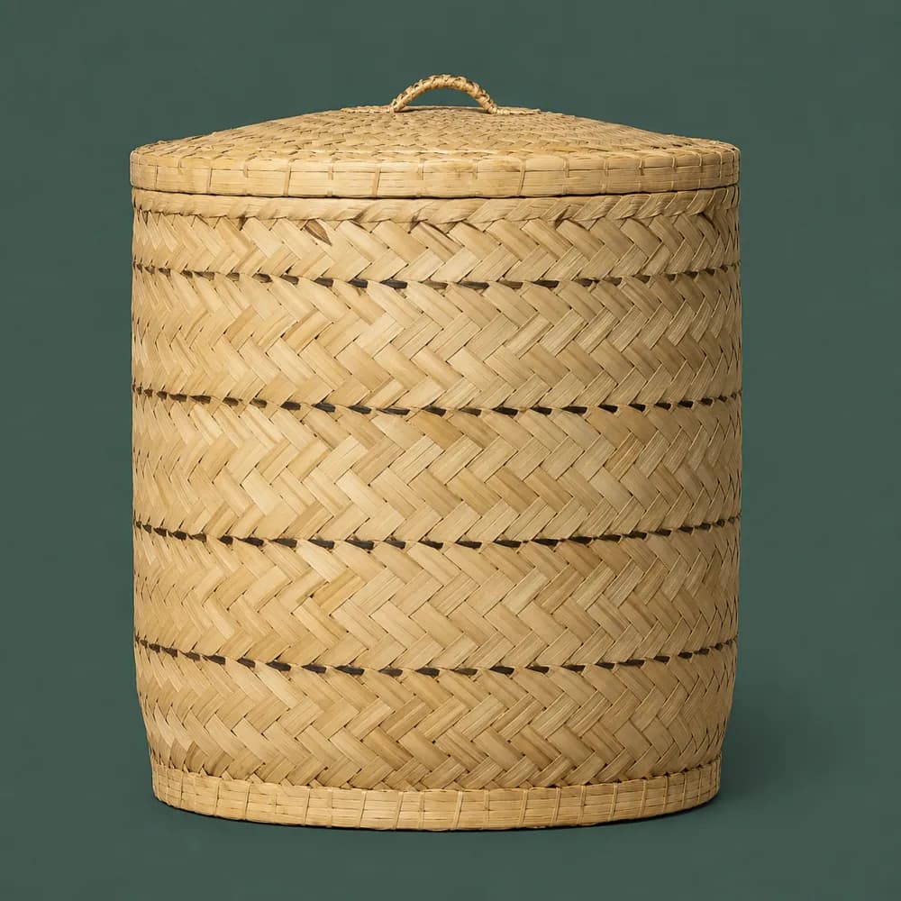 Lidded Bin 380, piece ON-E-06, woven in Bamboo, photographed as it is.