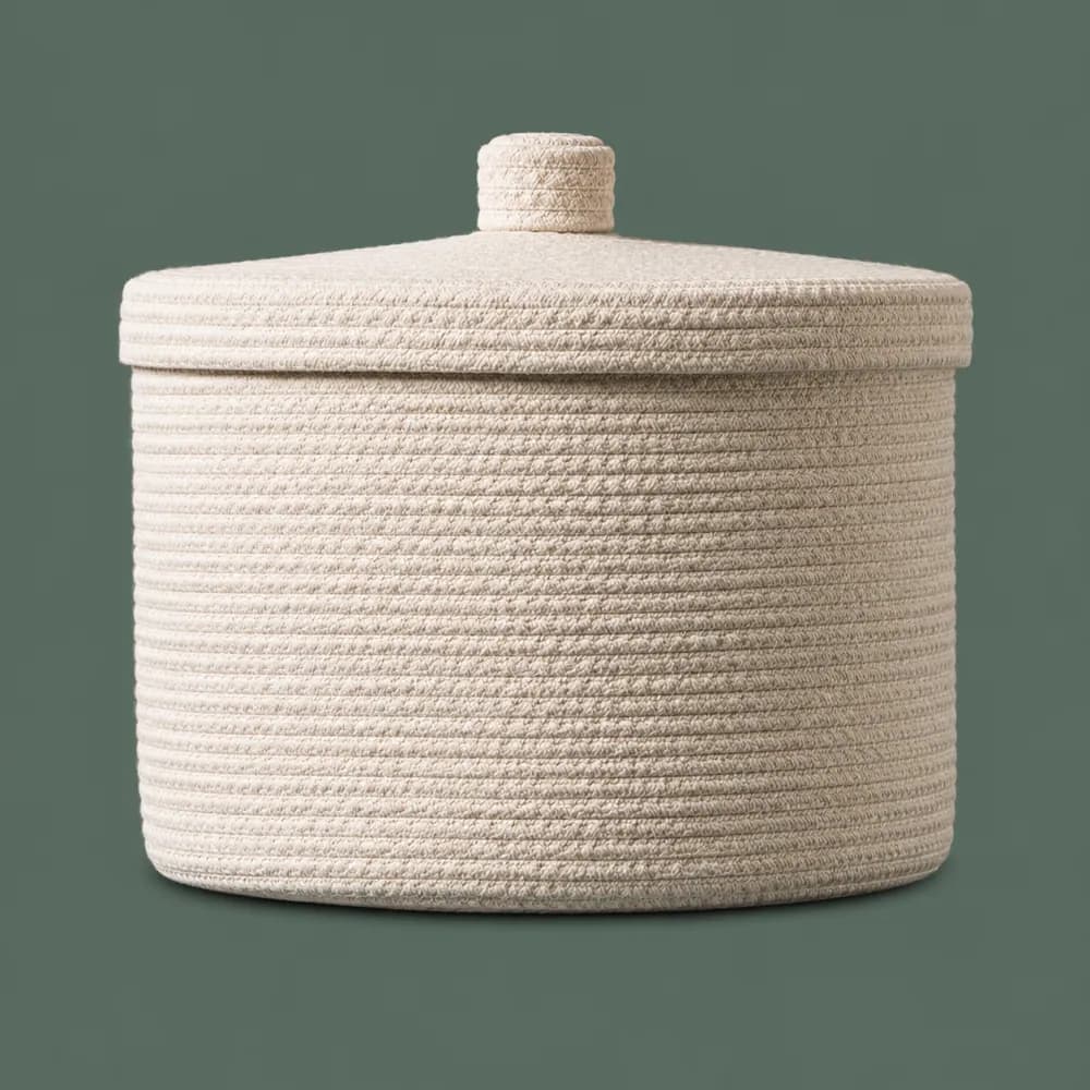 Cord Lidded Box 320, piece ON-E-07, woven in Cotton cord, photographed as it is.