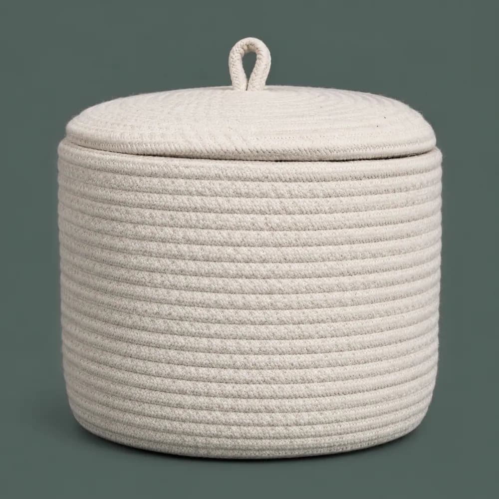 Cord Lidded Box 320, piece ON-E-08, woven in Cotton cord, photographed as it is.