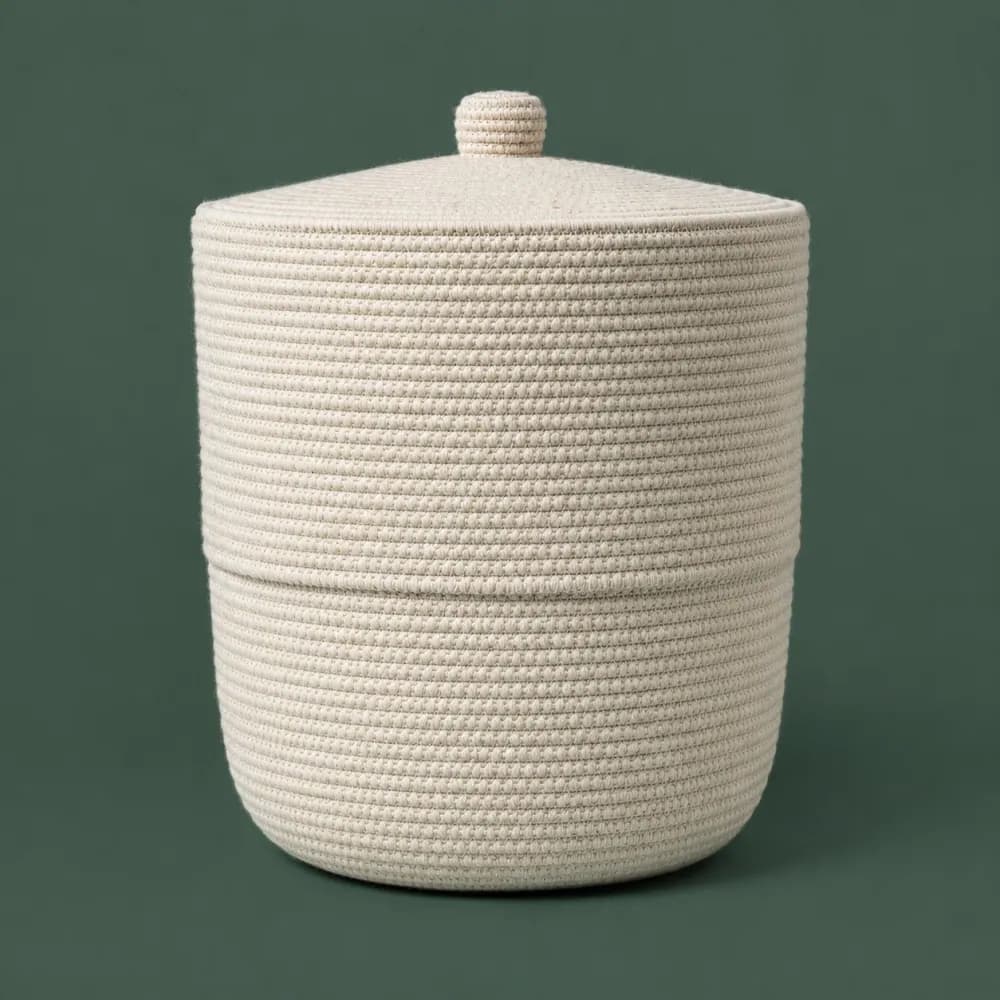 Cord Lidded Bin 400, piece ON-E-09, woven in Cotton cord, photographed as it is.