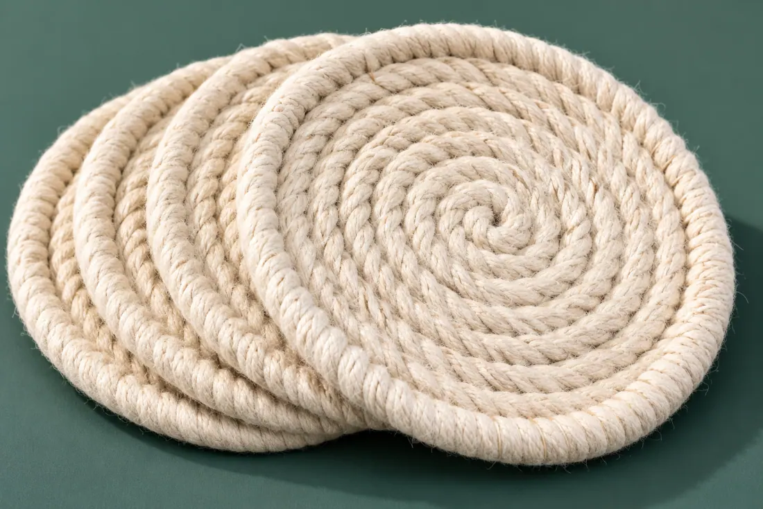 The weave and rim of ON-F-07 in close-up. Each coaster coiled from its own centre; all four tails are sewn down on the underside.
