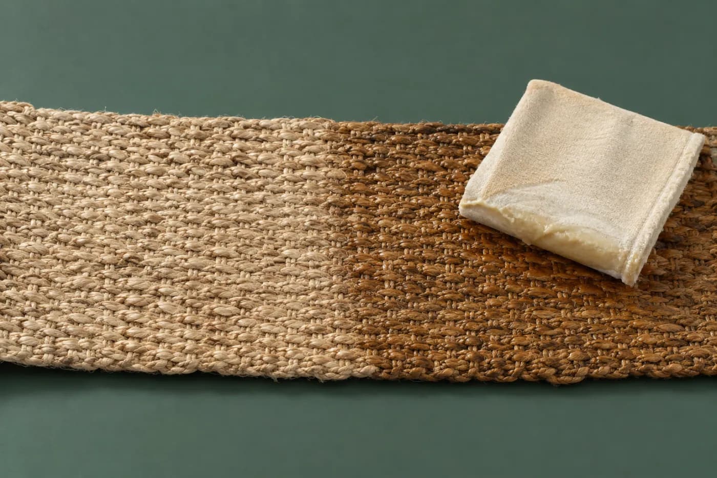 A pale neutral wax being worked into a woven natural fibre surface with a cloth pad, the treated half visibly deeper in tone.