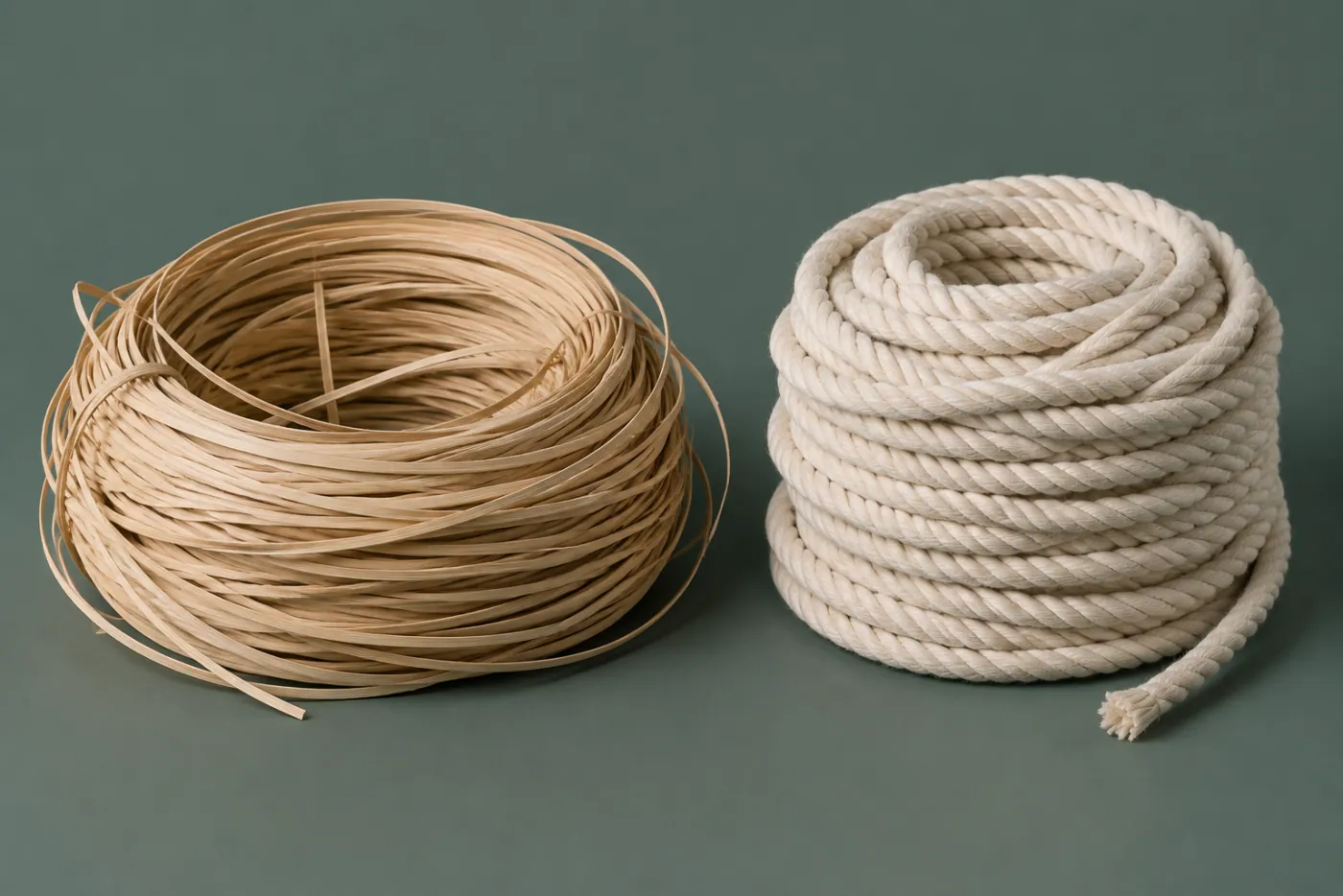 Raw split rattan cane beside spun cotton rope, showing how much processing each has had.