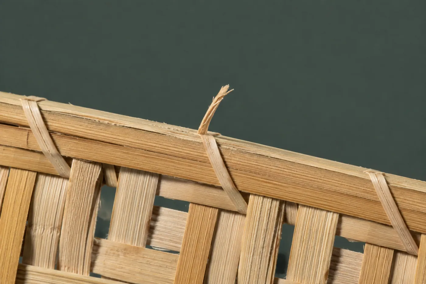 A lifted fibre burr standing proud of a split bamboo strip on the inside face of a woven wall.