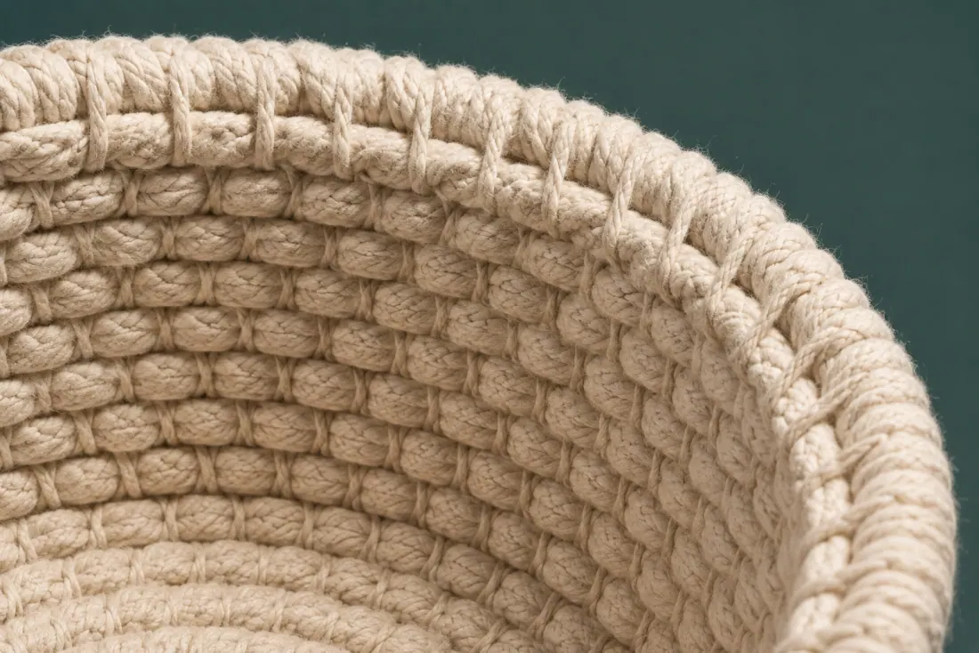 The weave and rim of ON-A-10 in close-up. Coiled and machine-free stitched from the base centre; the tail is buried inside the rim at the back left.