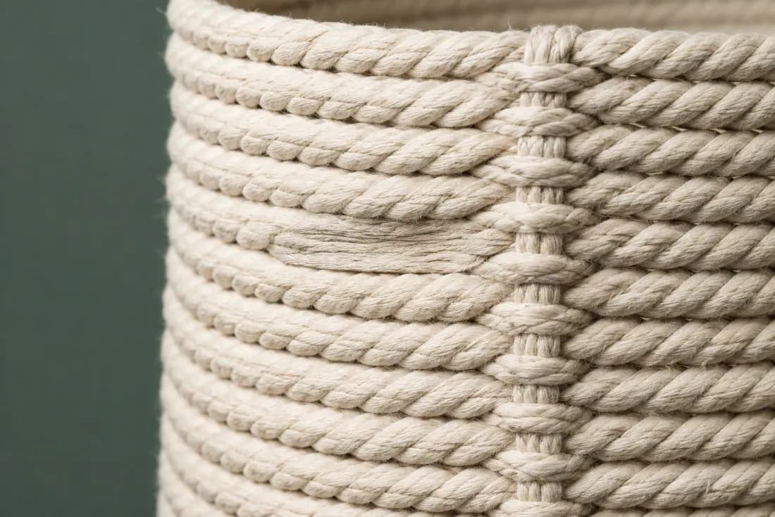 The visible flaw on ON-A-10: A 20 mm section of cord is flattened on the outer wall at mid height where it was clamped during stitching. One stitch loop stands 2 mm proud on the rim.