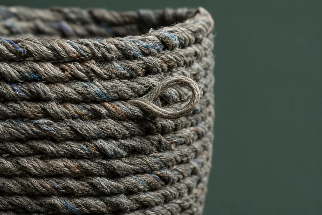 The visible flaw on ON-A-14: A 12 mm loop of loose fibre stands out of the cord on the outer wall at two-thirds height. The base is not perfectly flat and rocks about 2 mm.