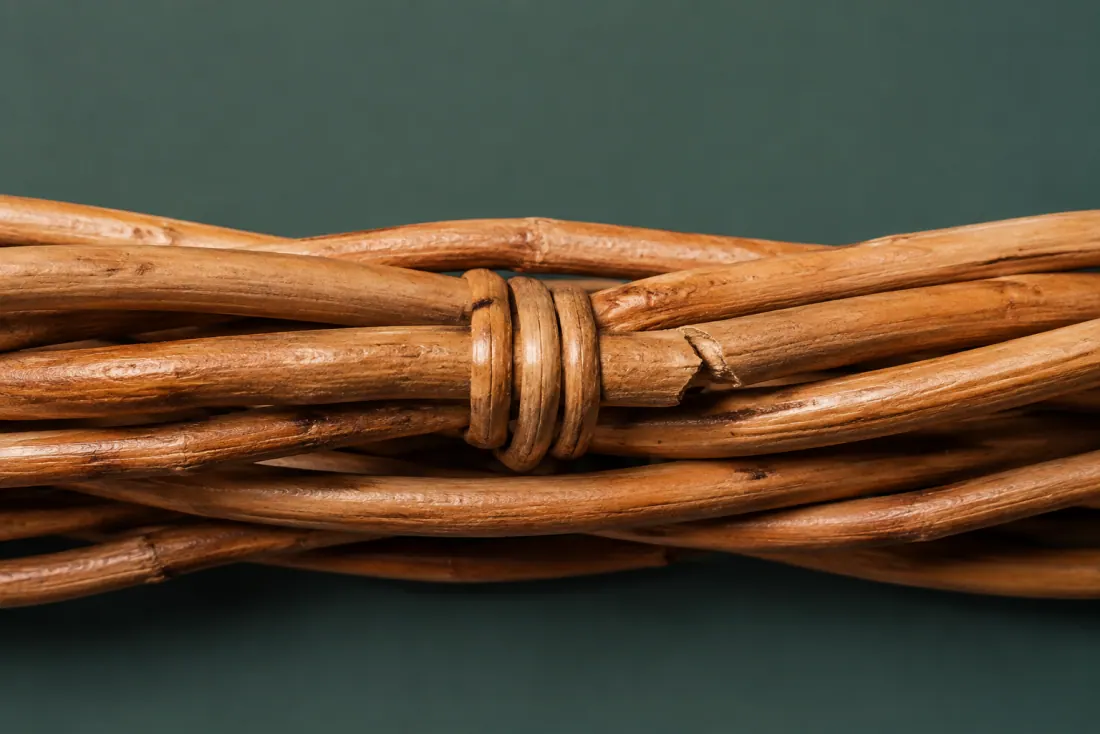 The visible flaw on ON-C-05: One rod has cracked through at the border on the right and is bound back. Rod spacing at the widest point varies between 24 mm and 31 mm.