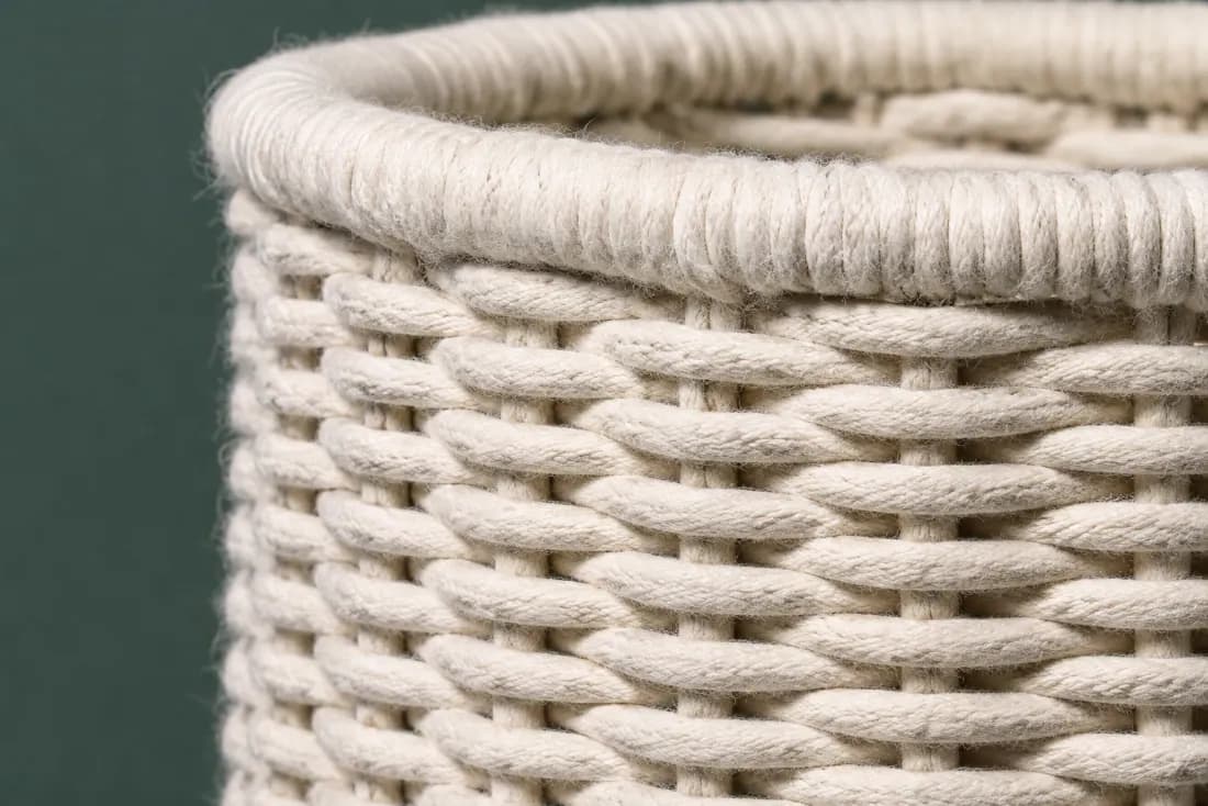 The weave and rim of ON-C-07 in close-up. Wound from the top ring down in the opposite hand to its pair; the tail exits at the front left.