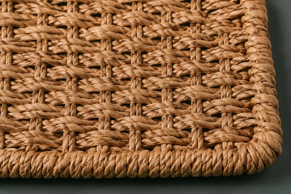 The weave and rim of ON-D-09 in close-up. Warp runs the long axis over a timber-free frame of doubled cord; the weft closes at the right edge.