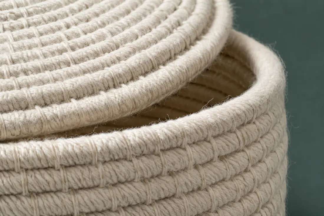 The weave and rim of ON-E-08 in close-up. Body and lid coiled in the opposite hand to its pair; both tails are buried at the back.