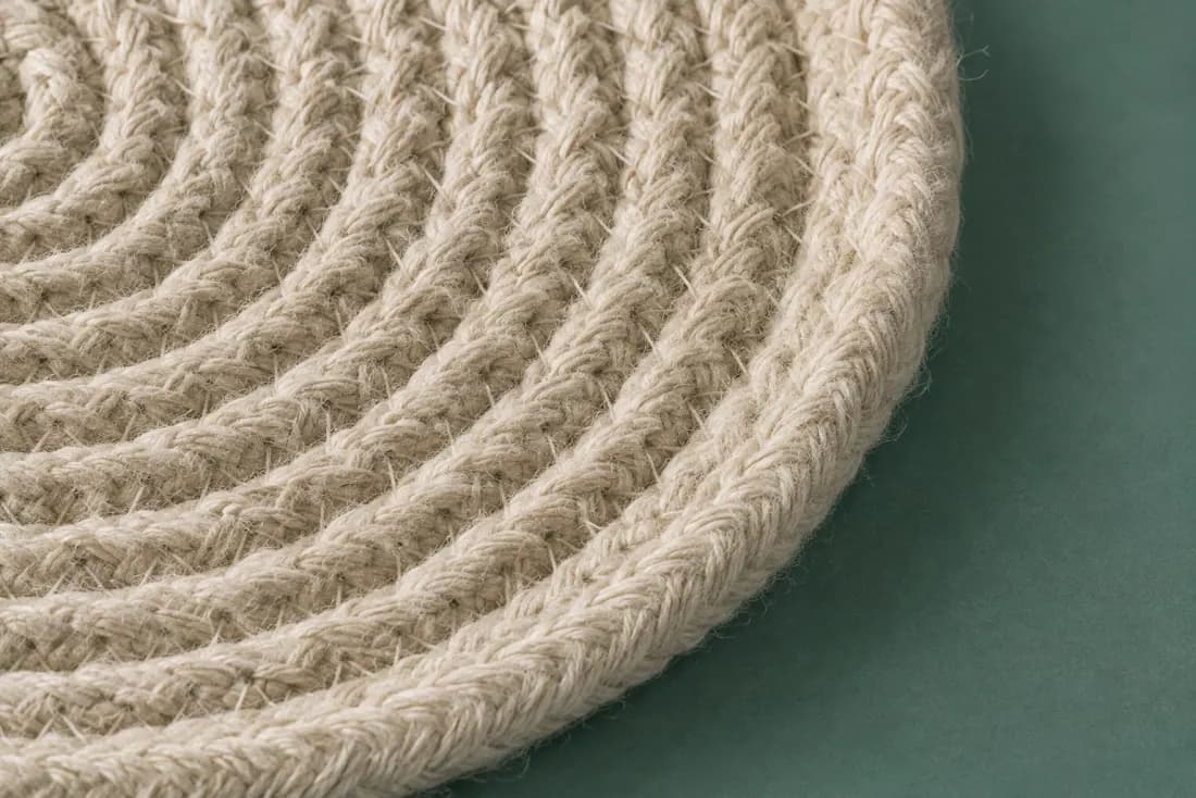 The weave and rim of ON-F-08 in close-up. Coiled in the opposite hand to its pair; tails are sewn down on the underside.
