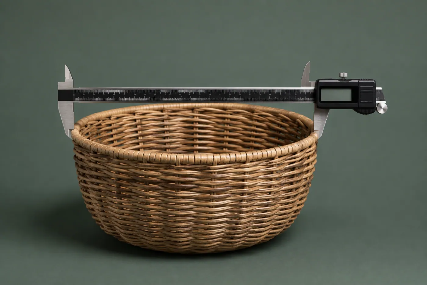 A digital calliper resting across the mouth of a woven rattan basket, its jaws touching the rim.