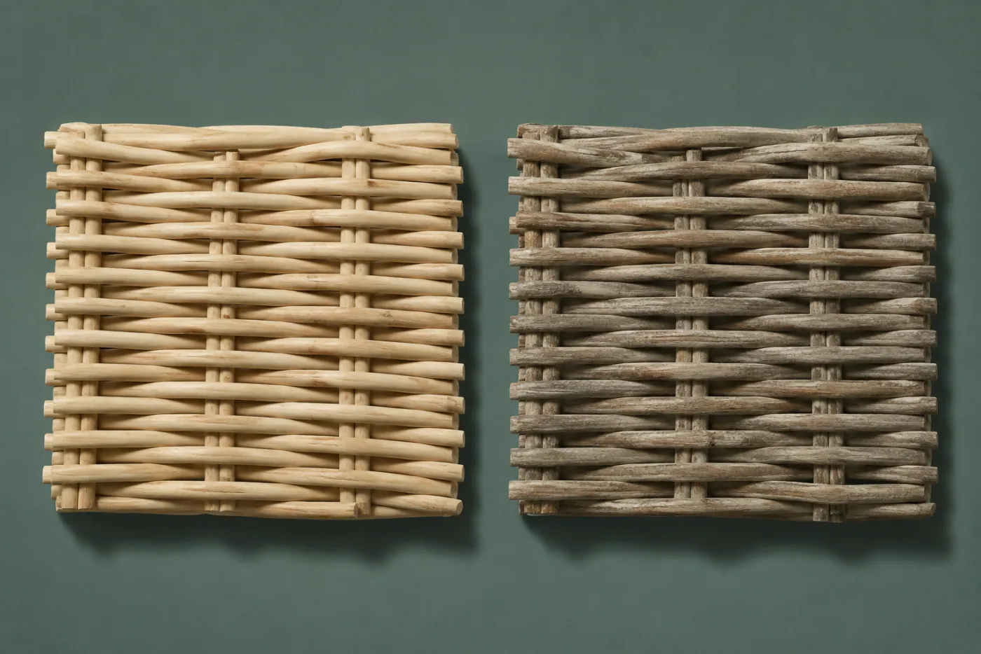 Two identical undyed woven rattan samples side by side, the left pale and new, the right darkened and greyed by sun exposure.