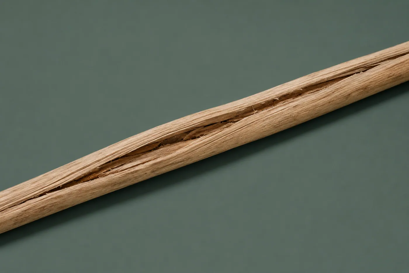 A dried-out rattan cane split lengthwise from moisture loss, the crack open along the strand.